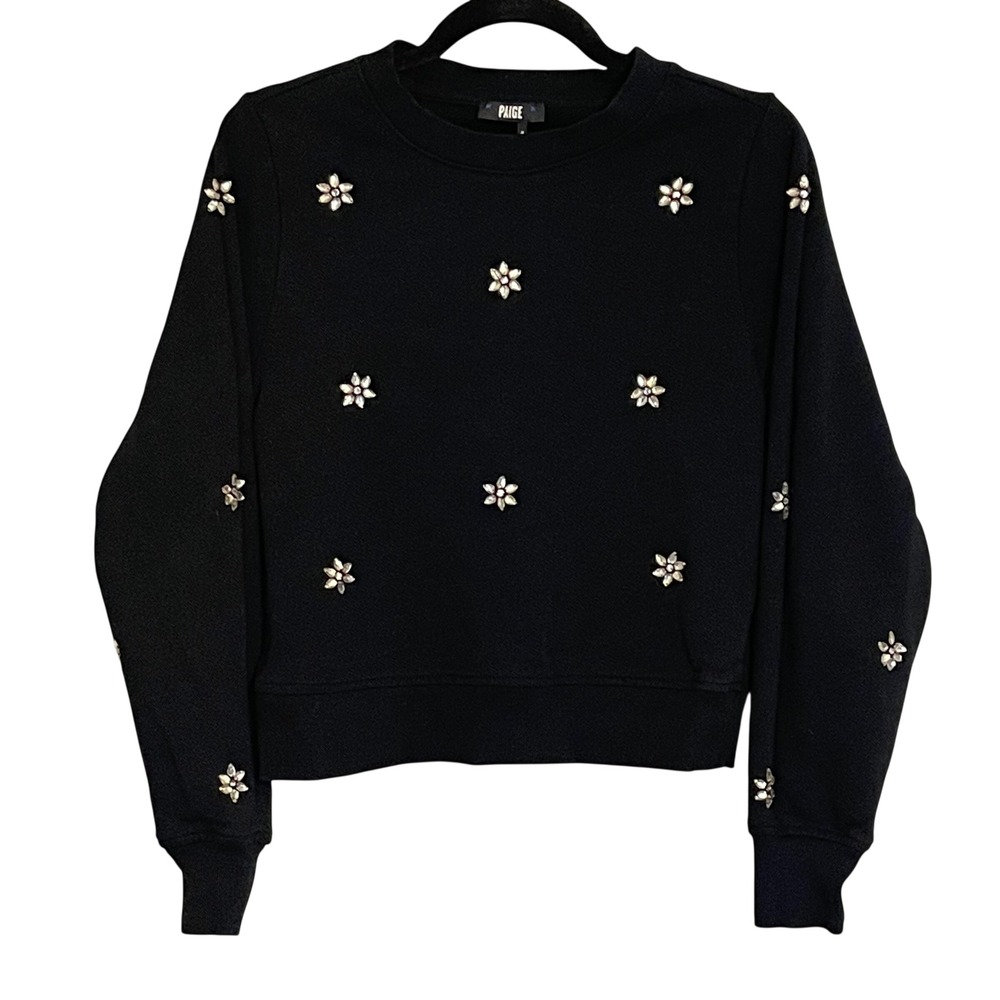 PAIGE Ordenna Black Crewneck Sweatshirt‎ Embellished Flowers Women's Size XS